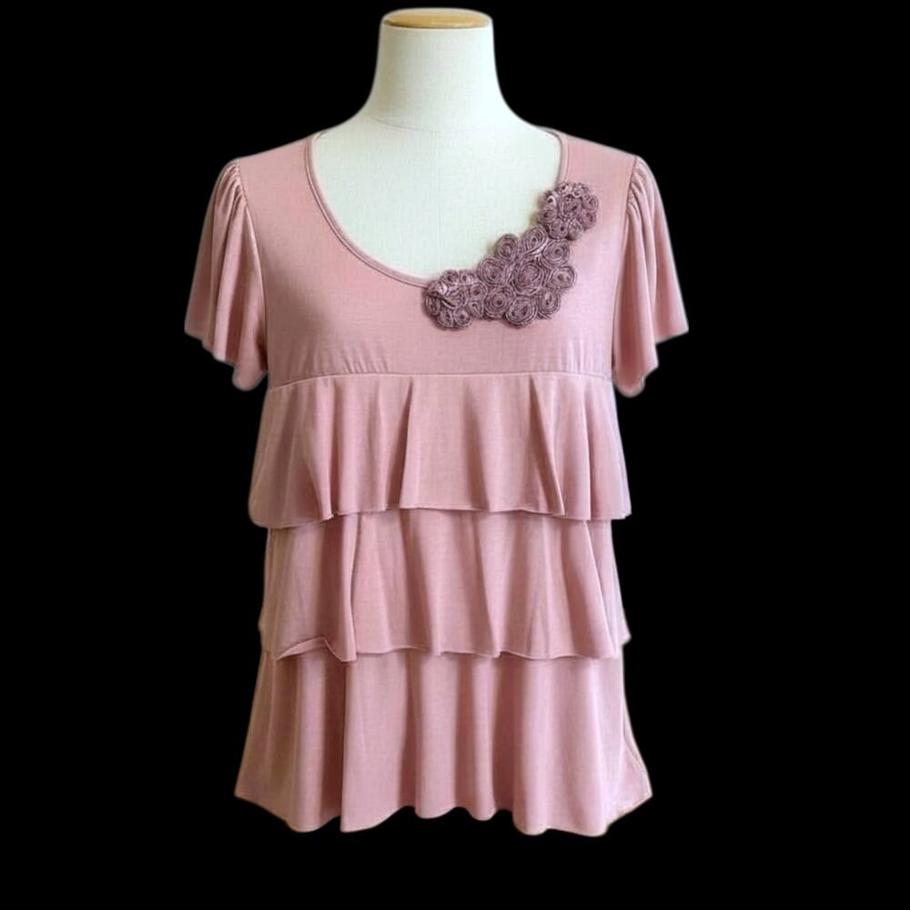Agenda Top Women Short Sleeves Pink Rosette Accent Tiered SZ PL